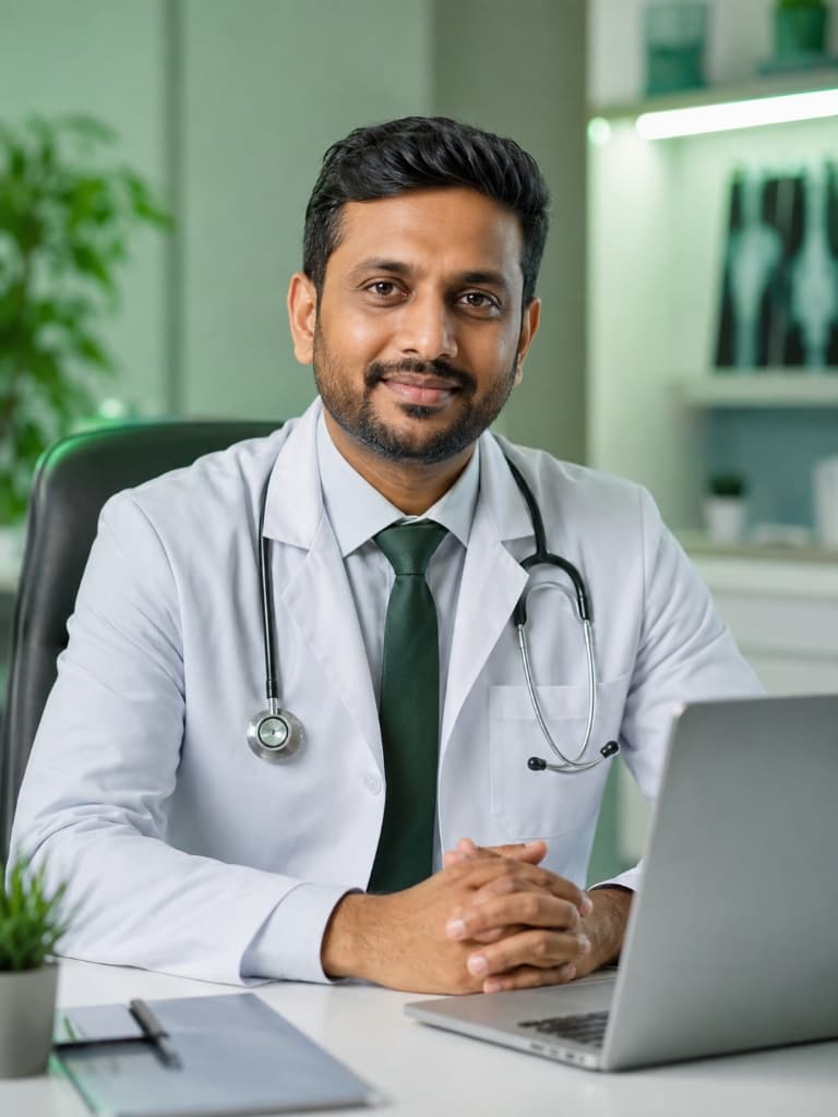A professional doctor at his desk, ready for an online consultation