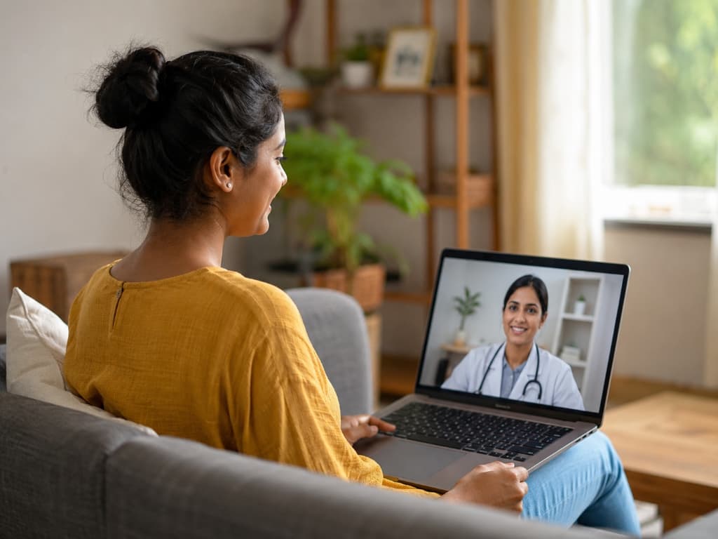 A patient smiling while speaking with a doctor on a video call from home