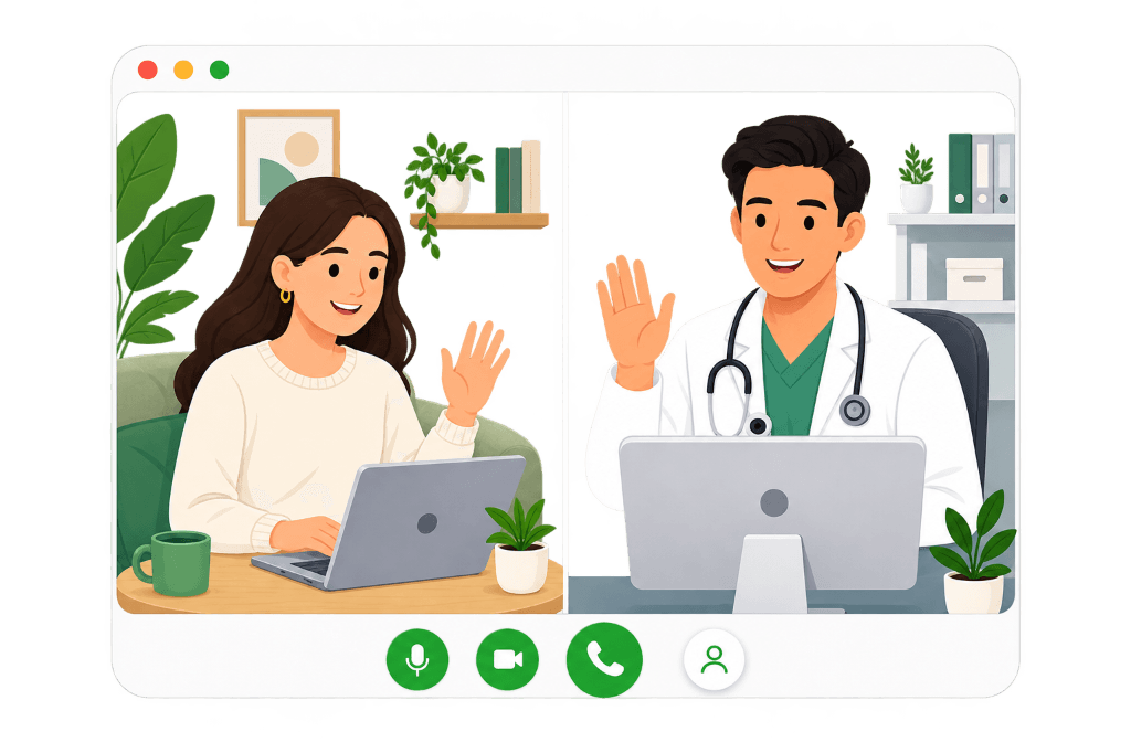 Illustration of a patient and doctor on a video consultation call